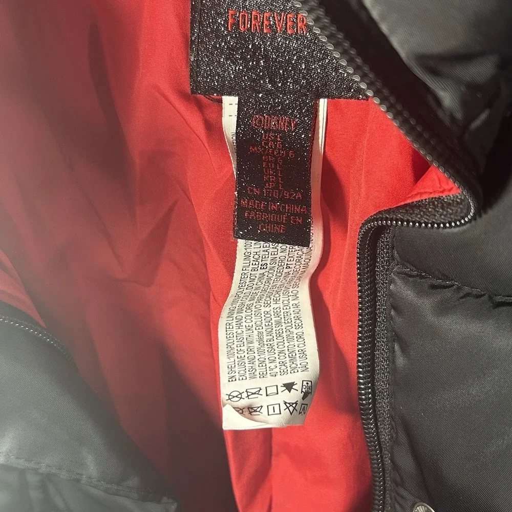 Disney Forever 21 Mickey Mouse Puffer Jacket Vest Black Red Hooded L